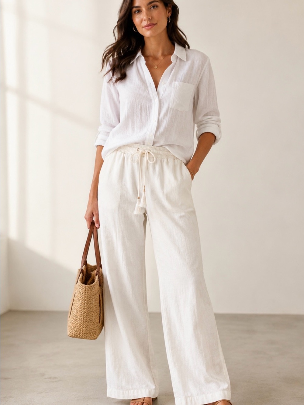 Ellen Tracy Cream Drawstring Wide-Leg Pants